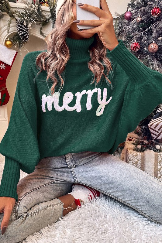 Turtle Neck Batwing Sleeve Merry Christmas Sweater