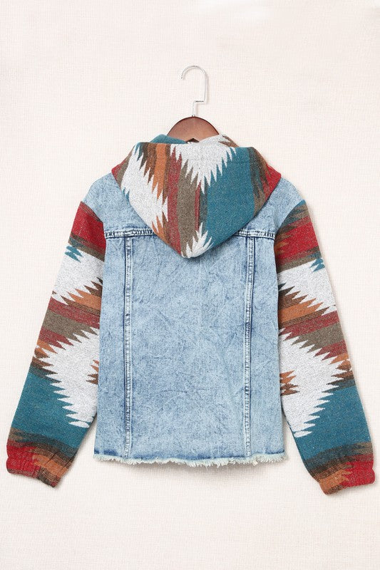 Geometric Print Frayed Hem Denim Jacket