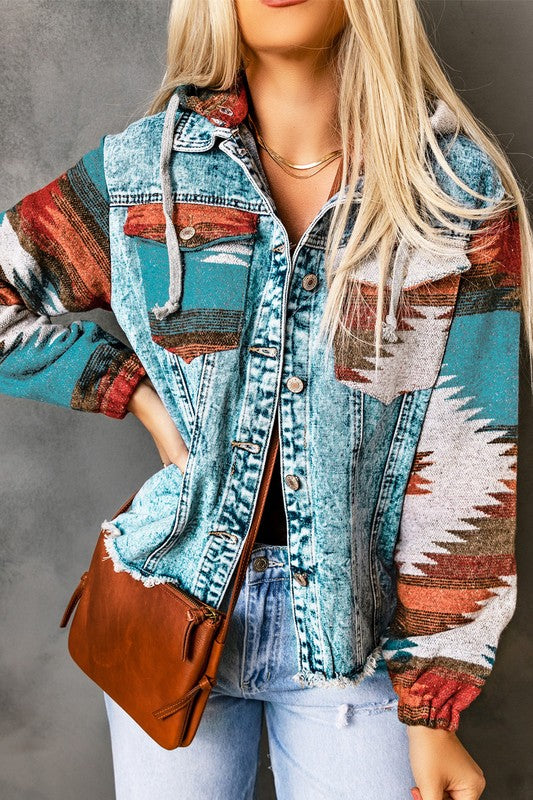 Geometric Print Frayed Hem Denim Jacket