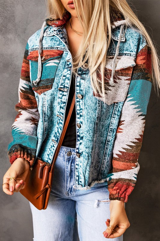 Geometric Print Frayed Hem Denim Jacket